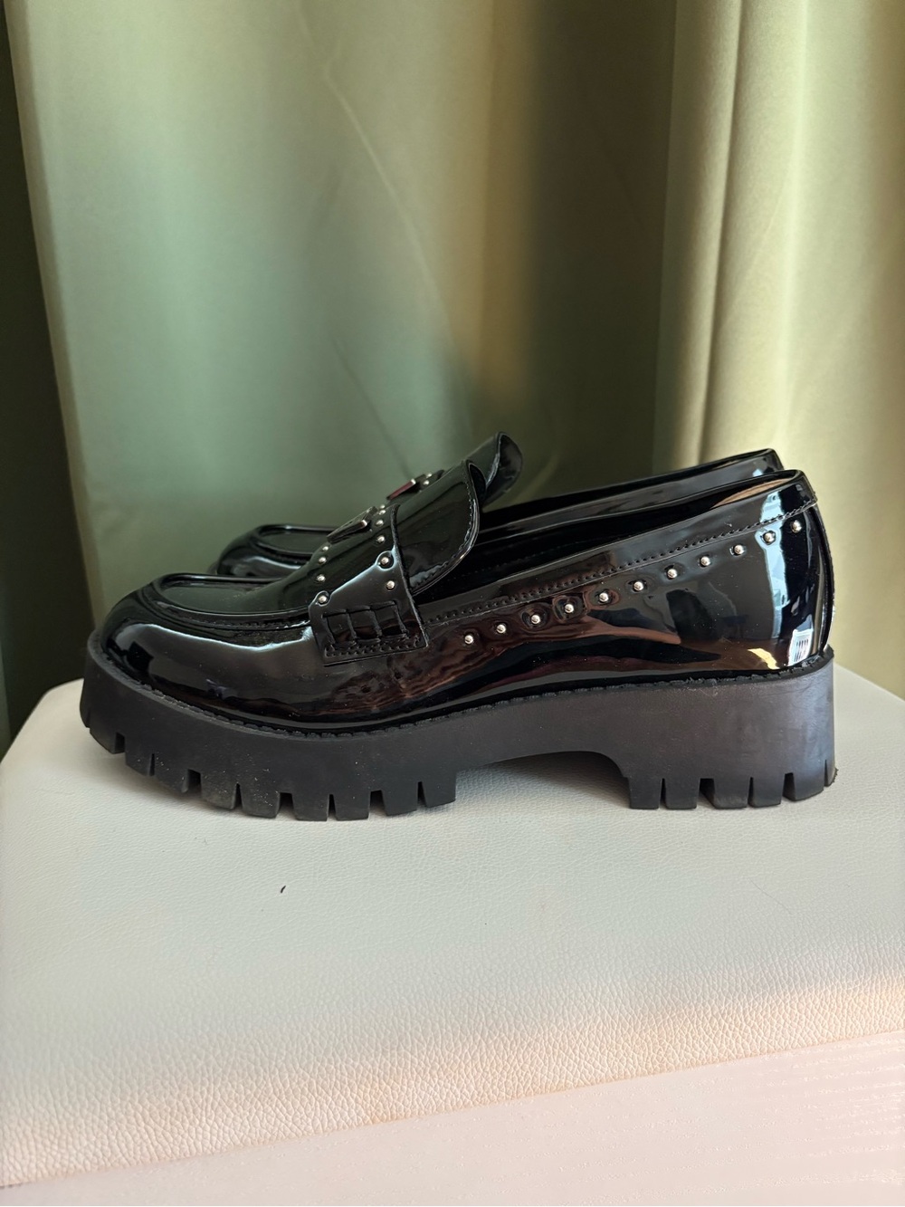GUESS Black Patent Chunky Lug Loafers with Stud Trim